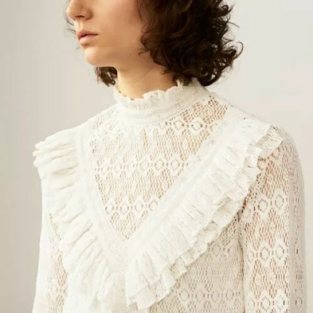 MAJE • Limba open knit high neck ruffle crochet sweater in ecru - Picture 2 of 16